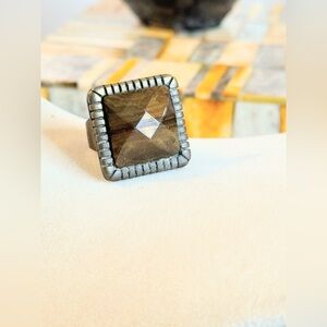 Large Square Smoky Brown Faceted Stone Cocktail Statement Ring Adjustable